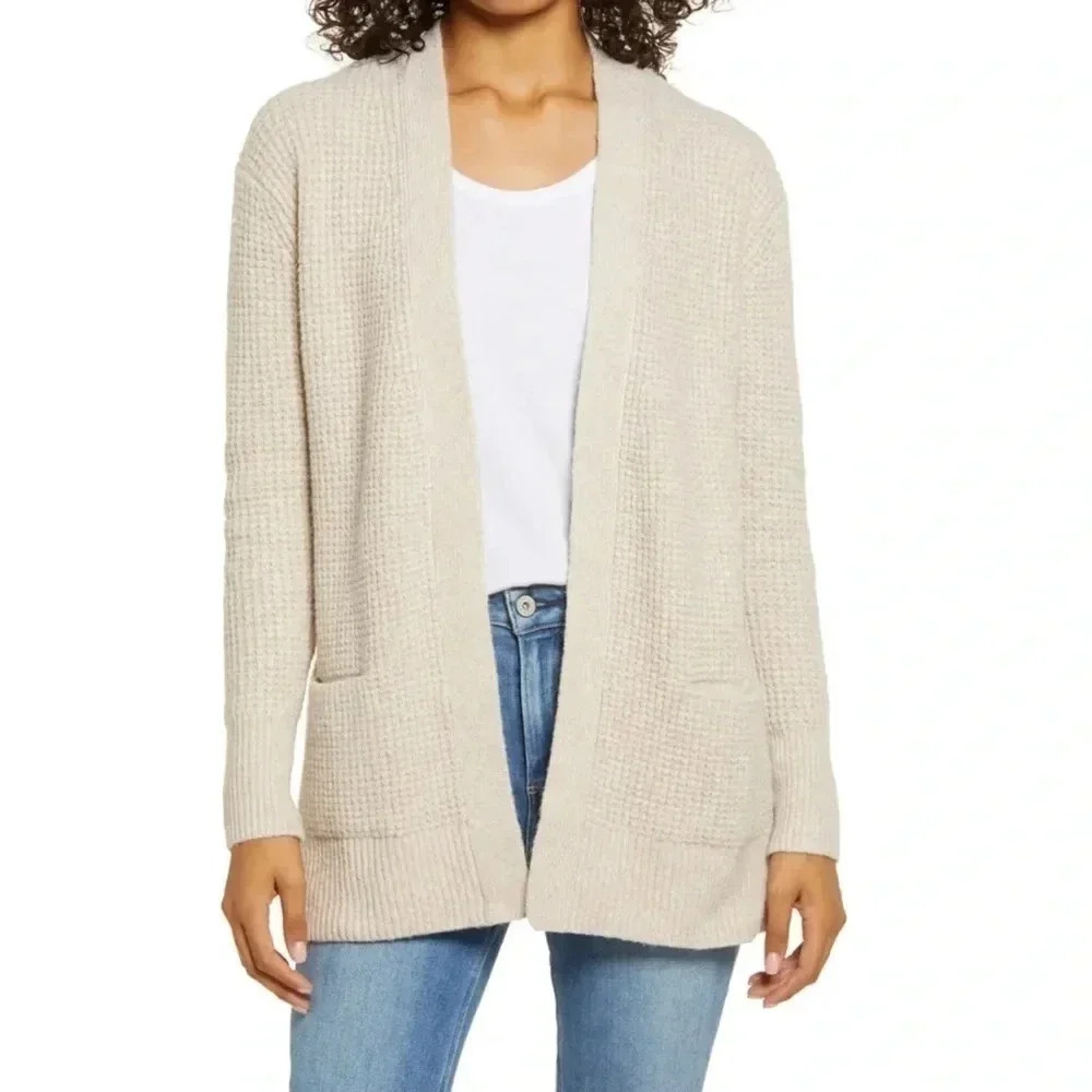 Caslon NWT Oatmeal Beige Heather Open Front Cardigan Sweater Size XS